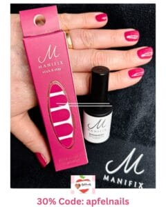 Pediküre 4 Edle Naegel mit UV Nagelfolie Manifix Scarlet Pink Gold Glitzer – Vorteile Pflege fuer gepflegte elegante Nagel Looks